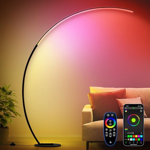 RGB Floor Lamp with 3 Color Temperatures, Ultra Bright 1800LM Smart Arc LED Floor Lamp with Remote Control, Music Sync, Scene Modes, Modern Standing Tall Lamp for Bedroom Living Room Gaming Rooms by Nintiue