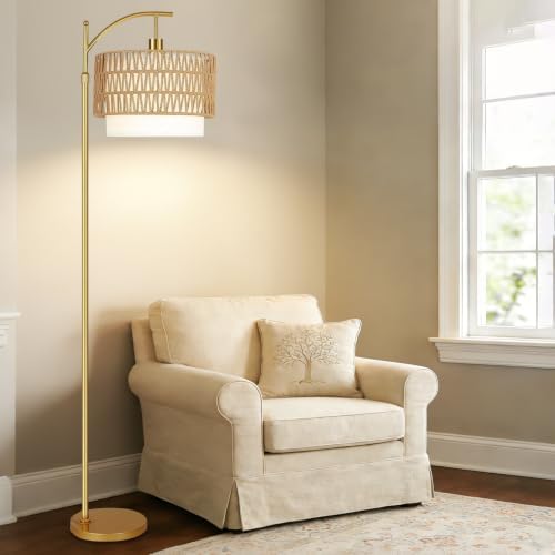 Gold Floor Lamps for Living Room Rattan Boho Floor Lamp with Remote Control & 3 Color Temperature, Dimmable Arc Floor Lamps Wicker Lamp Shades Brass Standing Lamp Tall Floor Lamp For Bedroom Corner - Image 3