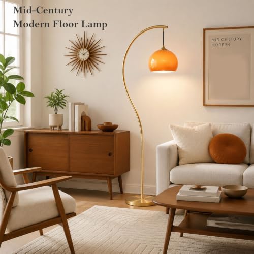 Vintage Gold Arc Floor Lamp with Orange Glass Shade - Image 2