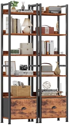 Furologee Book Shelf Set of 2, 6 Tier Tall Shelf with Drawer, Bookshelves and Bookcases Set of 2, Industrial Display Shelving Unit for Bedroom, Living Room, Home Office, Rustic Brown by Furologee
