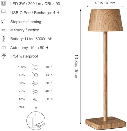 Cordless Rechargeable LED Table Lamp Set of 2, Wood Grain - Image 6