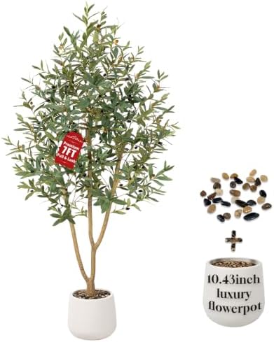 7FT Olive Trees Artificial, Large Faux Olive Tree with White Tall Planter, Faux Tree Indoor with Lush Lifelike Fruits for Living Room Bedroom Balcony Corner Office Home Decor by Keeplush