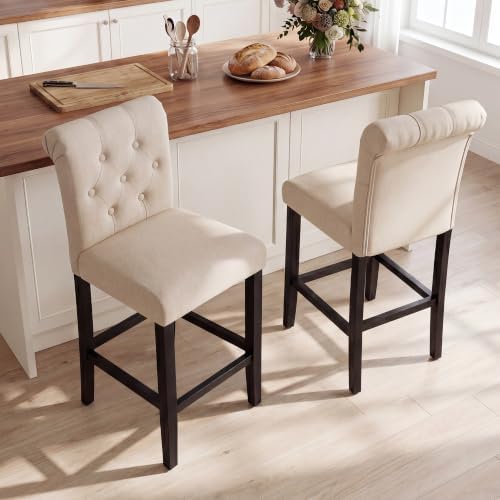 LSSBOUGHT Counter Stools,24 inches Upholstered Counter Height Chairs with Button-Tufted and Solid Wood Legs Set of 2（Beige） - Image 6