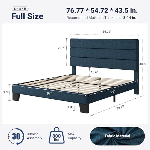 Allewie Full Size Platform Bed Frame with Fabric Upholstered Headboard Blue - Image 2