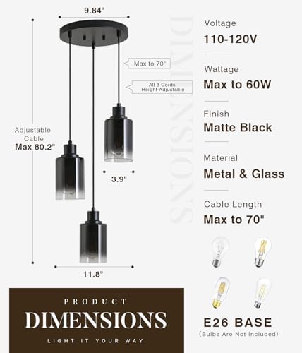 3-Light Black Pendant Lighting, Adjustable Modern Pendant Lights for Kitchen Island, Industrial Cluster Hanging Lights for Dining Table Hallway Bedroom Living Room - Image 4