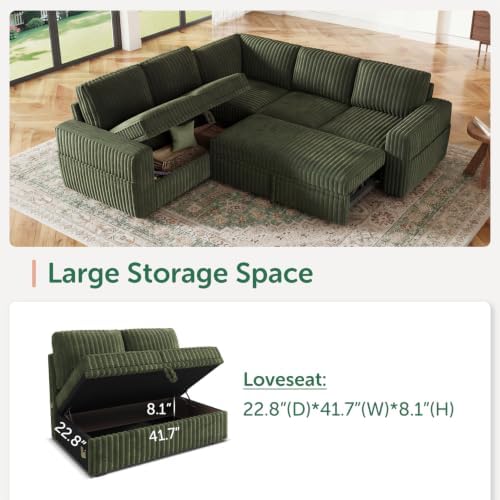 HONBAY Modular Sectional Sleeper Sofa with Pull Out Bed,Corduroy L Shaped Couch with Storage, Sectional Couches for Living Room,Green - Image 3