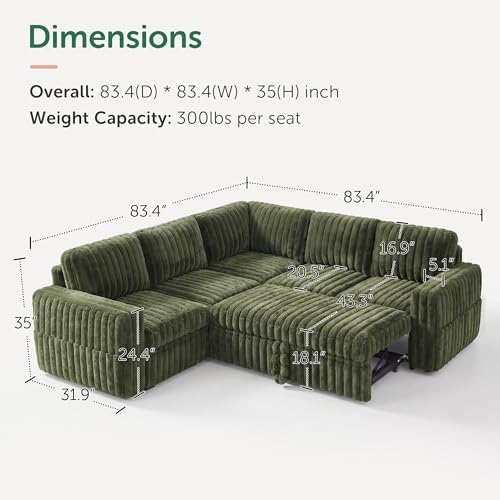 HONBAY Plush Corduroy Modular Sectional Sofa with Pull Out Bed, Convertible L Shaped Couch with Storage,Sleeper Sectional Couches for Living Room,Plush Green - Image 2