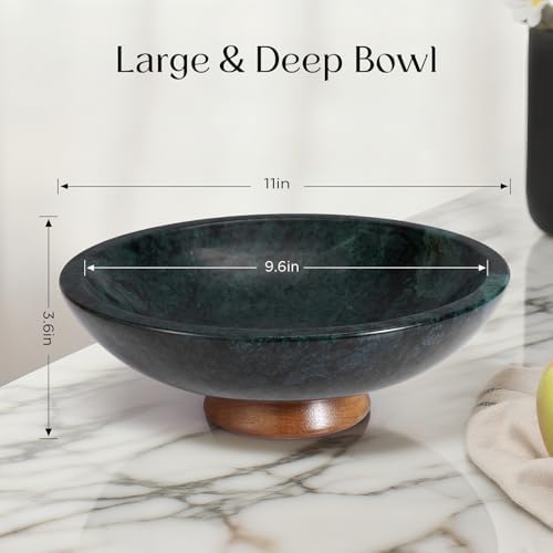 SAMAH Green Marble Fruit Bowl with Acacia Wood Pedestal, Large Decorative Marble Bowl, Natural Stone Fruit Bowl for Kitchen Counter, Entryway, Keys, Dining Table, House Warming Gifts New Home(11Inch) - Image 5