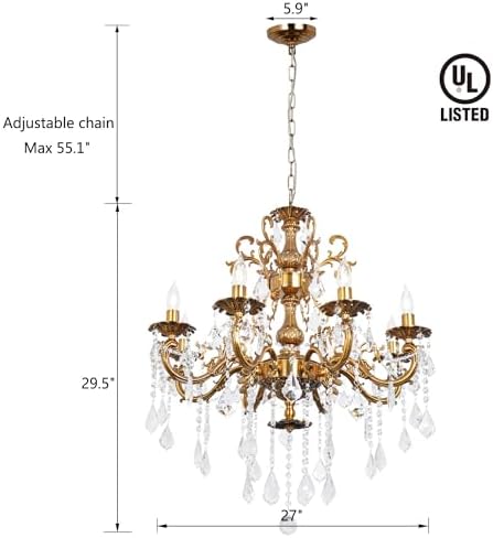 Crystal Chandelier Antique Gold Chandelier Candle Style for Dining Room 27" - Image 5