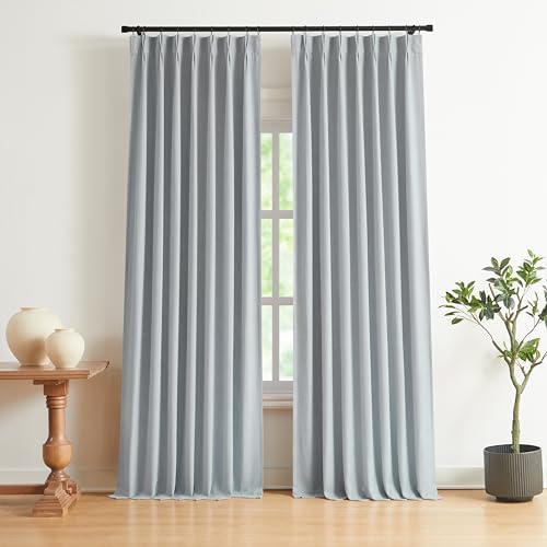 Vision Home Blue Gray Pinch Pleated Full Blackout Curtains Linen Blended Room Darkening Curtains 120 inch for Living Room Bedroom Thermal Insulated Pinch Pleat Drapes with Hooks 10ft 40" Wx120 Lx2 by VisionHome