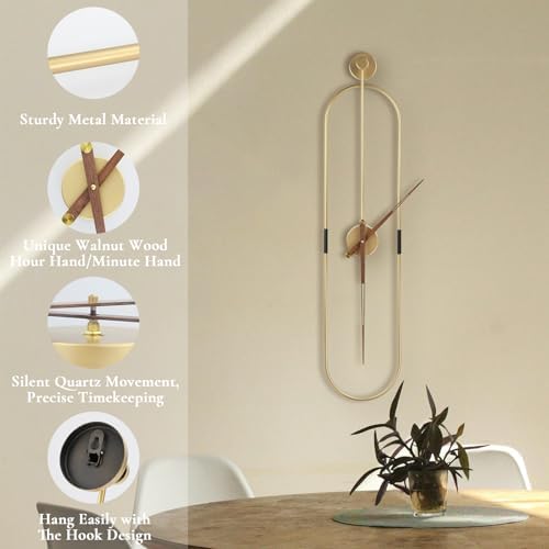 DRELIFAM Modern Oval Wall Clock Large Wall Clock with Walnut Pointers for Living Room Home Decor Bedroom Kitchen Office (Oval Gold, Large) - Image 5