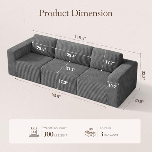 Vesgantti 119" Modular Sectional Sofa, Corduroy Cloud Couch with Deep Seating & Spring Support, 3 Seater Flexible Layout Sofa, Boneless Couch for Living Room & Apartment, No Assembly Required, Grey - Image 2