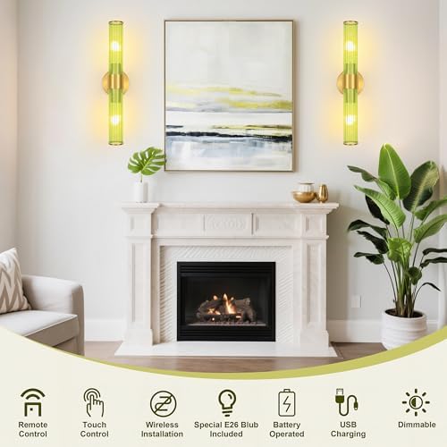 Morauroral Gold Battery Operated Wall Sconces Set of 2, Rechargeable Wall Lights with Remote Control, 20 Inch Modern Wireless Wall Lamp for Bedroom, Living Room with Green Shade (Bulbs Included) - Image 3