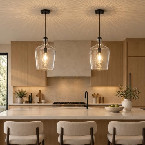 2 Pack 9.3" Glass Pendant Lighting for Kitchen Island,Black Large Pendant Light Fixture with blown Thickened Glass,1 Light Farmhouse Hanging Light for Hallway,Bedroom, Living Room Tall 14 inch - Image 3