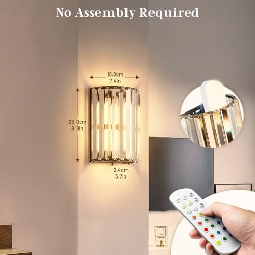 Black Battery Operated Wall Sconces Set of Two, Crystal Wireless Wall Light with Remote, Rechargeable Cordless Wall Lamp 12 RGB and 3 CCT Dimmable Decor for Bedroom Living Room Hallway - Image 6