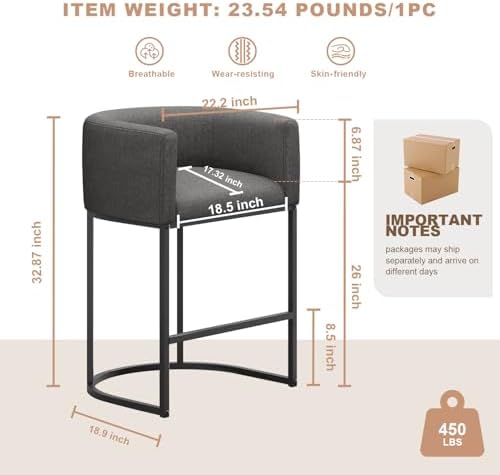 26" H Counter Height Bar Stools Set of 2, Modern Barrel Counter Stools with Backrest and Arms, Linen Fabric Upholstered Accent Barstools for Kitchen Island,Support 450 LBS (Carbon Black) - Image 2