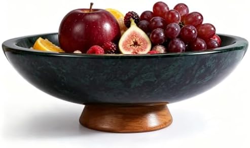 SAMAH Green Marble Fruit Bowl with Acacia Wood Pedestal, Large Decorative Marble Bowl, Natural Stone Fruit Bowl for Kitchen Counter, Entryway, Keys, Dining Table, House Warming Gifts New Home(11Inch) by SAMAH
