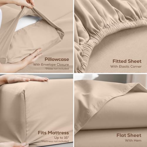 California King Sheets Set, 4 Pieces 16" Deep Pocket Bed Sheets, Beige - Image 3