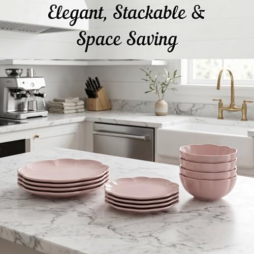 Sango 12 Pieces Scalloped Dinnerware Set, Modern Pink Dishes for 4, Premium Serving Plates & Bowls Sets, Chip Resistant, Blush Ceramic Dishware, Kitchen Dish, Microwave & Dishwasher Safe, Bethany - Image 5