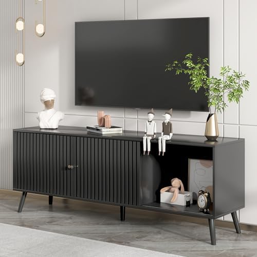 Oubayajia Mid Century Modern TV Stand for Televisions up to 70 Inches, with Sliding Doors and Storage, Television Stands, TV Consoles, Media Consoles for Living Room, 63 Inch (Black) - Image 4