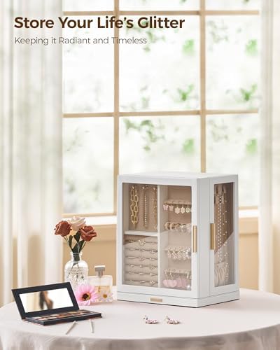 Glimmloop 360° Rotating Jewelry Box with 5 Drawers, Spacious Vertical Jewelry Organizer with Glass Window, Jewelry Storage Case, Dustproof & Moisture-resistant Design, White - Image 2