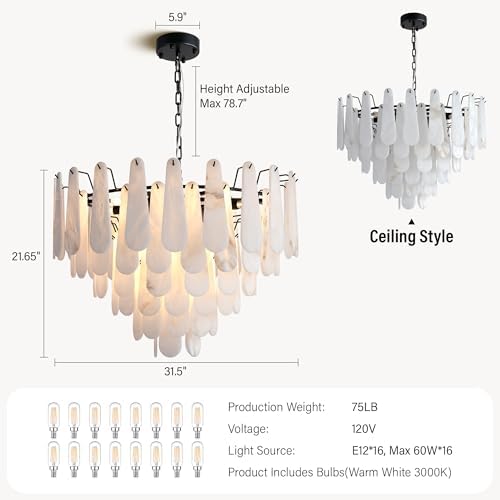 Alabaster Chandelier, D31.5 in Modern Round Chandelier, 6-Tiers Luxury Large White Marble Black Chandeliers for Dining Room Bedroom Foyer Living Room Entryway - Image 2