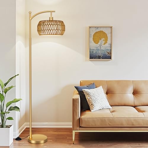 Ambimall Arc Floor Lamp with Remote & Rattan Double Shades, Gold Bohemian - Image 2