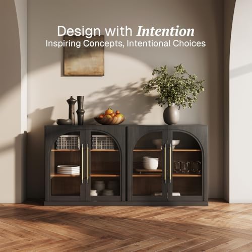 BELLEZE Set of 2 Modular Sideboard with Arched Glass Door, Accent Display Buffet Cabinet with Storage and Adjustable Shelves, 65'' Classic Modern Credenza for Living Room Kitchen Entryway (Ebony) - Image 3