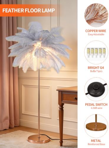 Feather Floor Lamp,Fluffy Ostrich Feather Floor Lamp for Bedroom,3 Color Temperatures Led Corner Modern Floor Lamps for Living Room Christmas Home Decor House Warming Gifts,63″ Height (Grey) - Image 4
