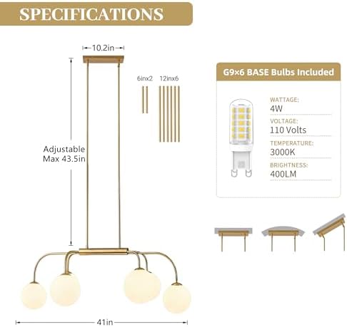 LamQee 41 Inch Mid Century Modern Linear Chandelier, 6 Lights Milk Glass Globe Chandeliers Light Fixture with Gold and White Ball, Large Pendant Lighting Ceiling Hanging for Dining Room Kitchen Island - Image 6