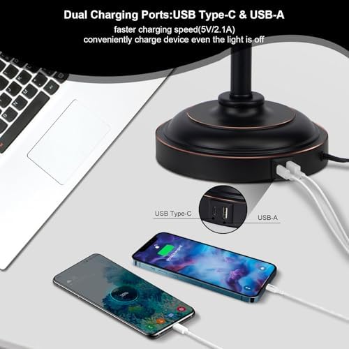 2 Pack Industrial Desk Lamp with 2 USB Charging Port,Black Metal Table Lamp,Adjustable Head Lamp with USB Port for Office Living Room Dorm Farmhouse Reading - Image 3