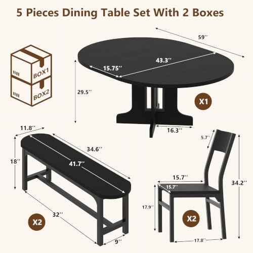 Einhomn 59" Extendable Round Dining Table Set for 4-6, 5-Piece Kitchen & Dining Room Table with 2 Chairs & 2 Benches, Wood Oval Dinner Table with Heavy Duty Pedestal Base, for Small Spaces, Black - Image 2
