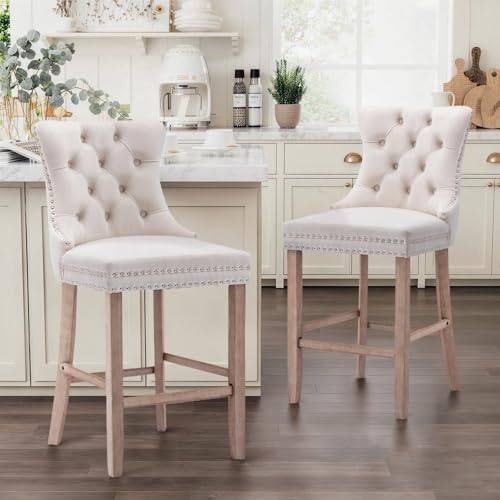 SoarFlash Modern Velvet Upholstered Bar Stools Set of 2 with Wood Legs, Button Tufted,Chrome Nailhead, Counterstool Seat, Armless Bar Chairs (Beige) - Image 5