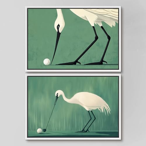 SIGNWIN Framed Canvas Print Wall Art Set Funny Crane Playing Golf Whimsical Bird Illustrations Modern Art Rustic Minimal for Living Room, Bedroom, Office - 16"" x24 x2 White by SIGNWIN