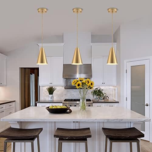 Gold Pendant Lights Kitchen Island,Dining Room Light Fixtures Over Table 3 Pack with Brushed Brass Cone Metal Shade, Modern Farmhouse Mini Chandeliers,Adjustable Cord Hanging Lighting for Bar,Sink - Image 2