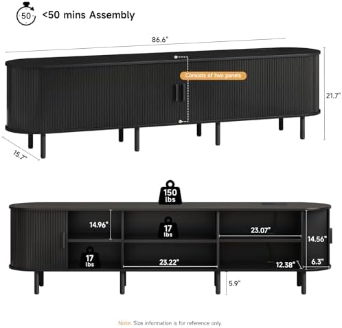 ONBRILL 86.6" TV Stand with Power Outlet & Storage for TVs up to 90", Black - Image 2