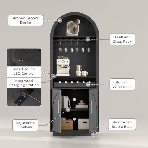Fatmok Modular Entertainment Center & Coffee Bar with LED Lighting,Charging Station,Arched Wood Sideboard Buffet Cabinet,Modern Liquor&Wine Display Cabinet for Living Room,Black Grey(FEAEF,5-Piece) - Image 4