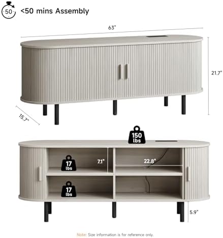 ONBRILL 63" TV Stand with Power Outlet & Storage for TVs 60", Natural White - Image 2