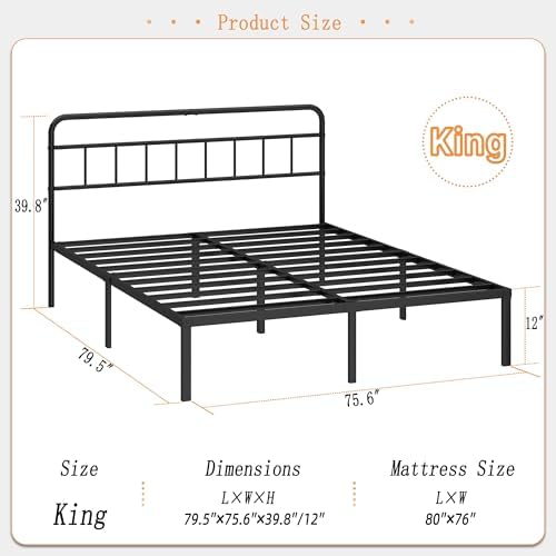 Kujielan 12 inches King Size Bed Frame with Minimalist Headboard, Black - Image 2