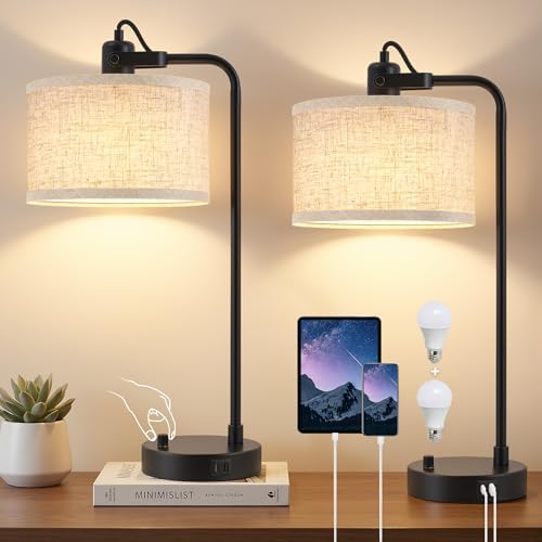 Black Table Lamp Set of 2, USB A+C, 180° Adjustable Bedside Lamps, Dimmable by Luvkczc