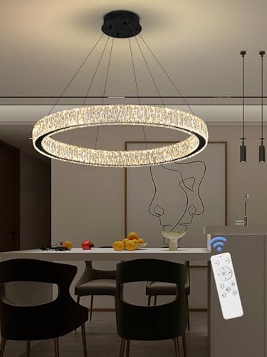 Modern Crystal Ring Chandelier 31.5in Ring Pendant Light Adjustable LED Dimmable Black Crystal Chandelier for Dining Room Living Room - Image 6