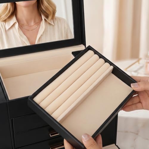 Large Leather Jewelry Box for Women, Mirror, 5 layer, Black - Image 5