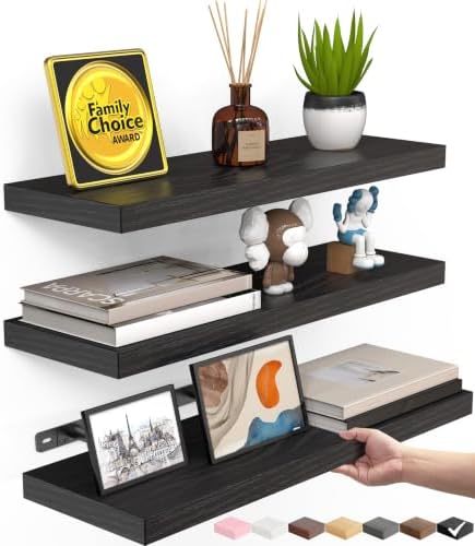 BAYKA Floating Shelves for Wall, Wall Mounted Rustic Wood Shelves for Bathroom, Bedroom, Living Room, Kitchen, Hanging Shelf for Books/Storage/Room Decor with 22lbs Capacity (Black, Set of 3, 15.7in) by Bayka