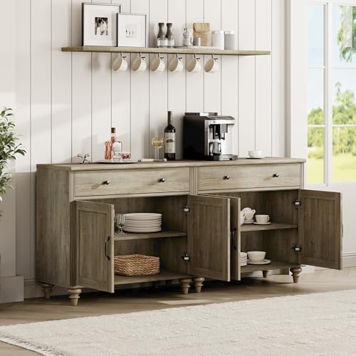 WAMPAT Modern Buffet Cabinet with 4 Doors and 2 Drawers, Wash Grey, 68 inch - Image 6