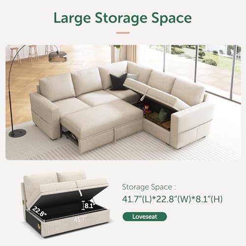 HONBAY Modular Sectional Sleeper Sofa with Pull Out Bed, L Shaped Couch with Storage Seat, Convertible Sectional Couches for Living Room, Beige - Image 4