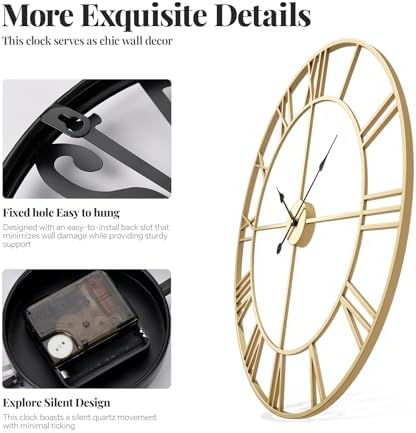 Cuspin 24 Inch Large Gold Wall Clock Decorative Wall Clocks for Living Room - Image 4