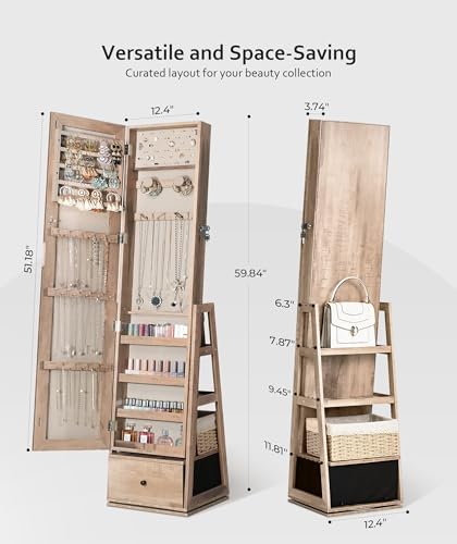 Nicetree 360° Swivel Jewelry Cabinet, Full Length Mirror, Lockable, Oak - Image 4