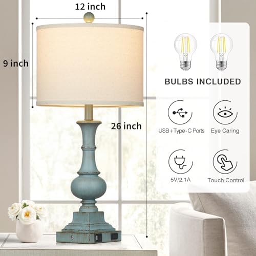 Farmhouse Table Lamps Set of 2, 26" Vintage Rustic Touch Control 3-Way Dimmable Bedside Lamp with USB A+C Ports & AC Outlet, Blue Nightstand Lamp for Living Room Bedroom End Table(LED Bulbs Included) - Image 5