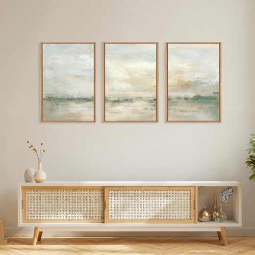 LHIUEM Large Abstract Green Gray Pastel Framed Canvas Wall Art,Neutral Landscape Wall Decor,Modern Watercolor Lake Artwork,Beige Textured Illustrations Art for Living Room,Bedroom,Office- 16"x24"x3 - Image 4