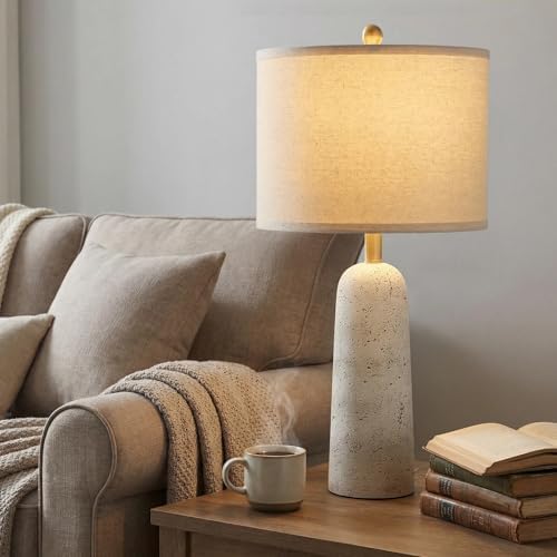 BOBOMOMO 27.25" Modern Table Lamp Set of 2, White Resin Table Lamps with Stone Look, Lamps for Living Room with Linen Shades, Bedside Lamps for Bedroom, Nightstand, Entryway - Image 4